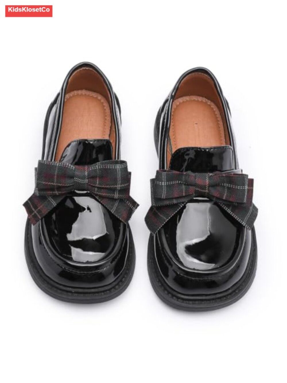 Girls patent leather plaid bow slip-on oxford loafers